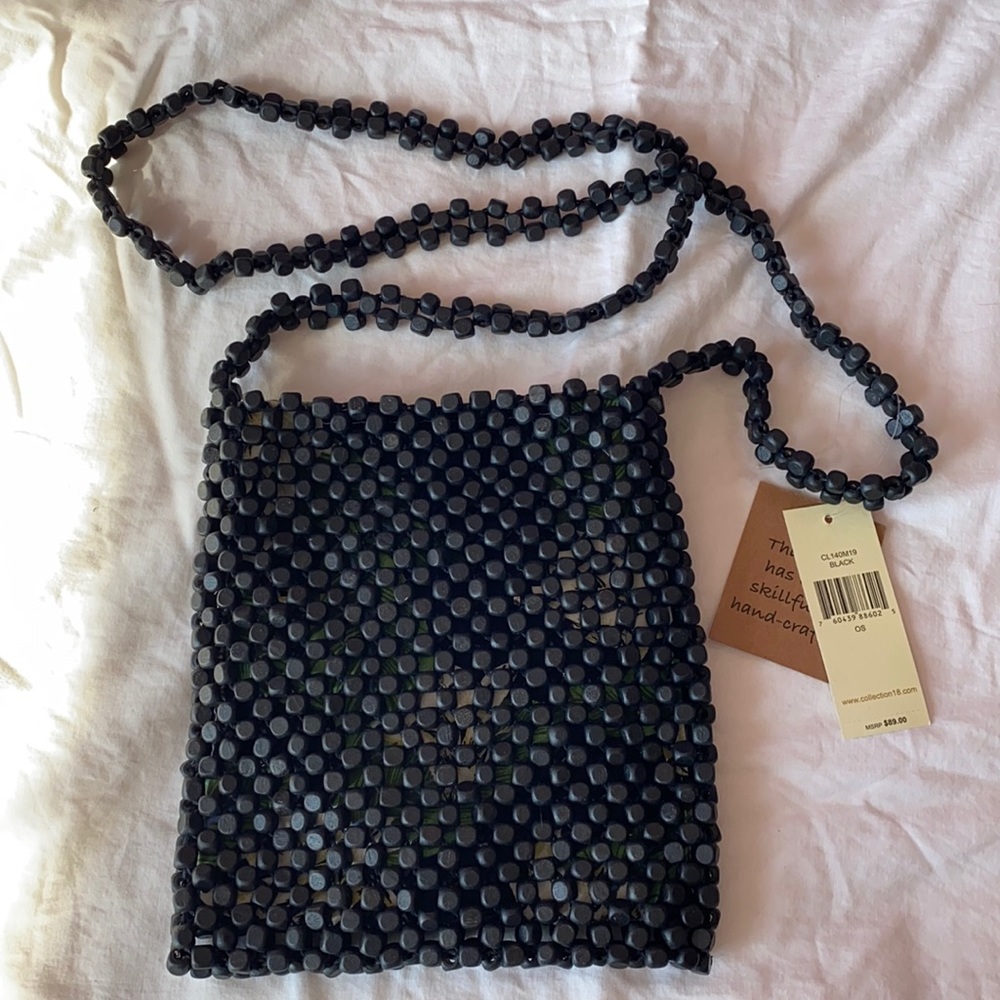 NWT black wooden bead crossbody bag purse